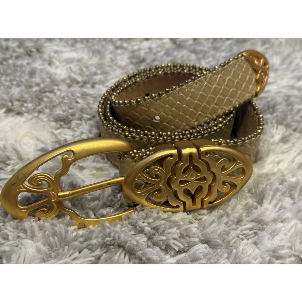 Vintage Simon Genuine Leather Belt Gold Snakeskin Embossed Filigree Buckle M